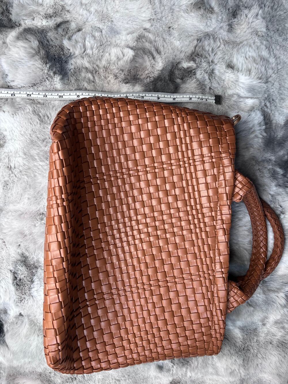 Brown Woven Faux Leather Top Handle Tote Bag with Strap